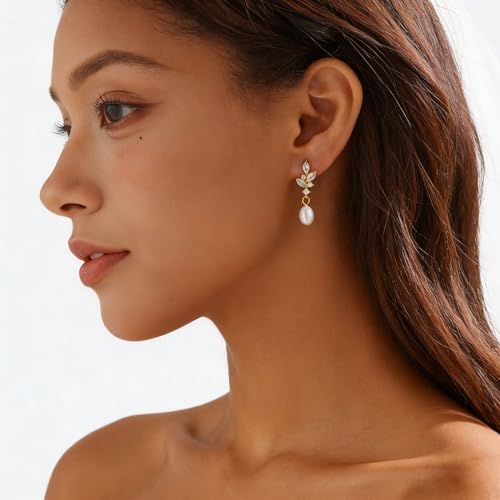 Pearl Earrings for Women Dainty Diamond Pearl Drop Earrings 14k Gold Plated Dangle Earrings for Women Weddings Gifts Bridesmaid Gifts - color: B-gold pearl earrings