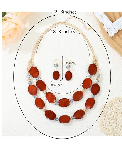 2 Layered Chunky Beaded Shell Necklace for Women Sea Shell blue/yellow/red/green/turquoise/teal/white Statement Necklace and Earring Set Elegant Women Necklace Set Jewelry Sets for Women - color: burnt orange