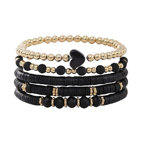 Alegend Titanium Steel (Not Rust, Resist Corruption, Easily Clean) 18K Gold Plated Single Bracelets + 14K Gold Plated Stackable Multilayer Bracelets - style: 14K Gold Plated Black Beaded