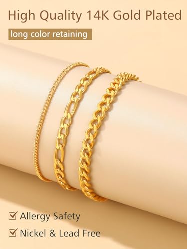 FindChic Black/Silver/Gold Plated Anklets Set of 2PCS/3PCS Herringbone Chain Cuban Link Heart Charm Sparkling Tennis Ankle Bracelets, Waterproof Summer Foot Jewelry for Beach - color: 02: Gold-3PCS Layered Cuban & Figaro