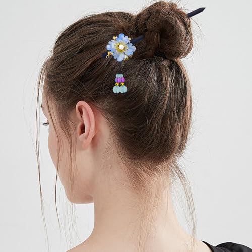5 PACK Japanese Vintage Asian Chinese Wooden Hair Stick Retro Hairpin Flower Hair Chopsticks with Bead Pendants Forks Bun Updo Holders Handmade for Women Girls - color: White