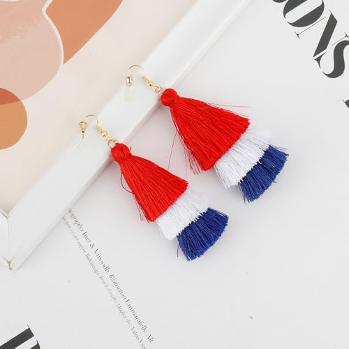 Earrings for Women Dangling, Layered Tassel Earrings Fringe Earrings Bohemian Studs Drop Earrings - color: Red White Blue