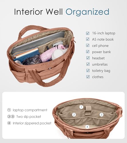 Tote Bag for Women with Zipper, Quilted Puffer Tote Bag with Compartments, Lightweight Puffy Work Bags for Women Travel - color: Pecan Brown