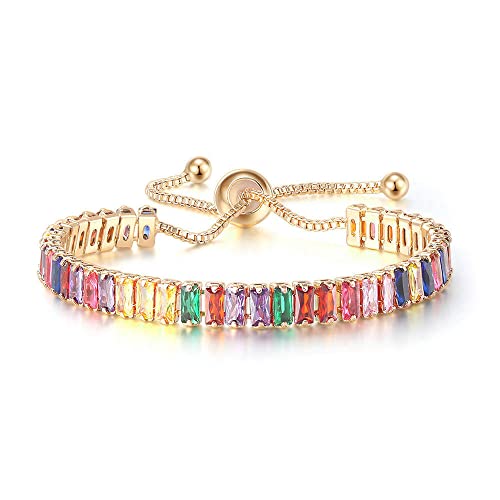CiNily Adjustable Tennis Bracelets for Women Teen Girls Rainbow Cubic Zirconia Bracelet 14K White Gold Plated Hypoallergenic Slider Bracelet Jewelry Gift - color: Adjustable-Square Yellow Gold