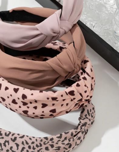 Knotted Fashion Hairbands for Women - Non-Slip Wide Hair Hoops, Cute Top Knot Headbands for Girls (Pink Heart Leopard Print) - color: Pink Heart Leopard Head Band