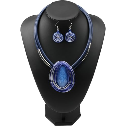 Ethnic Crystal Rhinestone Pendant Necklace Earrings Set Women Handmade Tribal Collar Choker Chunky Metal Bib Rope Chain African Statement Jewelry Set - color: NXR1484-blue