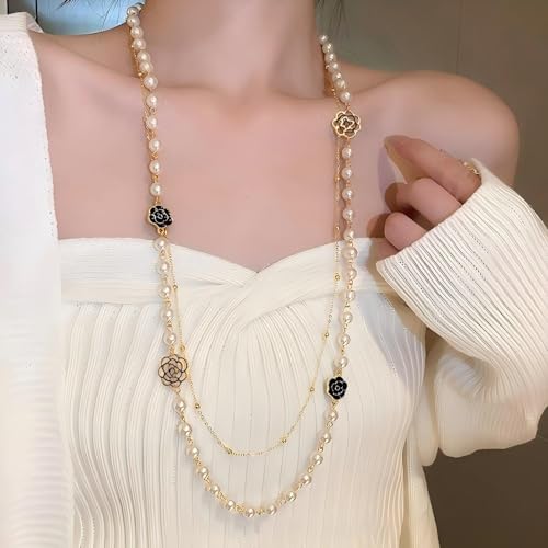Long Pearl Necklace for Women, 8mm Simulated Pearl Strand Necklace, Layered Multi Strand Gold Beaded Necklace, 58" No Clasp Wrap Necklace Vintage Costume Jewelry Gift - style: 02-Long pearl necklace-Black