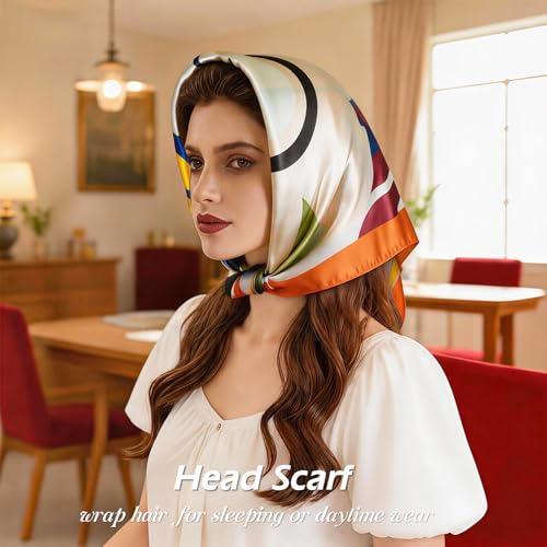Ciormis 35" Silk Head Scarf for Women, 4 Pcs Satin Hair Scarf Square Silk Bandana Top Neck Scarves Hair Wraps for Sleeping - color: G2-printing Flower-set25