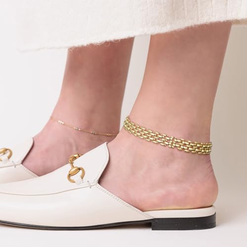 KissYan Gold Ankle Bracelets for Women, 14K Gold Anklets Chunky Cuban Link Chain Summer Beach Foot Jewelry Gifts for Women - color: Brick Link-Gold