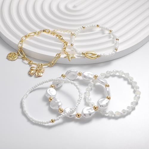 Shell Bracelet Seashell Boho Beaded Stretch Bracelets for Women Summer Beach Bracelets Starfish Charm Bracelet Stackable Gold Plated Bracelets Set for Women - color: k-shell starfish 5pcs
