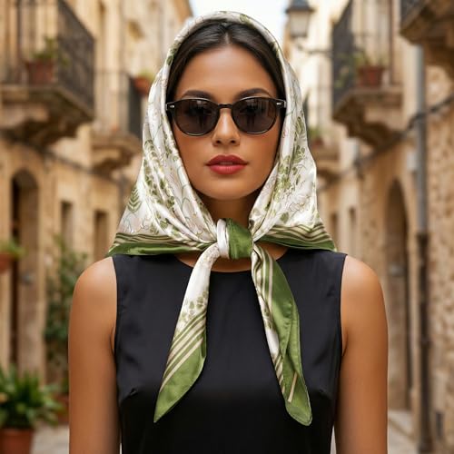 Pistha Head Scarf Bandana for Women, Satin Scarf for Hair, Large Square Silk Bandana Headscarf for Women and Men 35 Inch - style: Flower-light Green