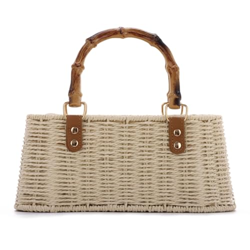 Straw Woven Handbags Handmade Summer Beach Bags Wicker Rattan Crossbody Bag for Vacation - color: Beige