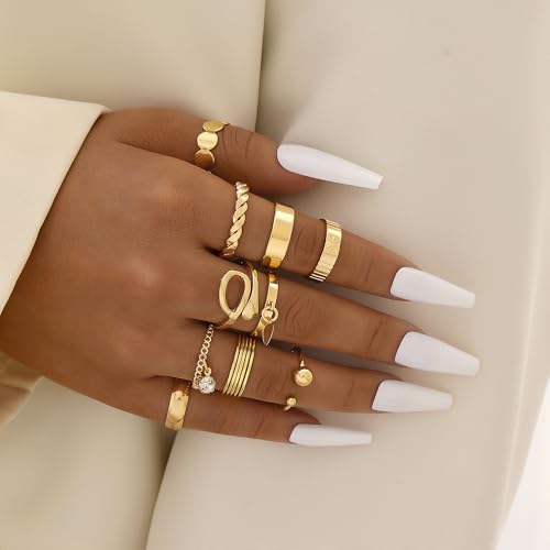 FAXHION 24-60 Pcs Gold Stackable Rings for Women, Knuckle Rings Chunky Gold Ring Set Dainty Stacking Cute Rings, Multiple Sizes Cute Jewelry Set Gift - style: Gold-24 Pcs01
