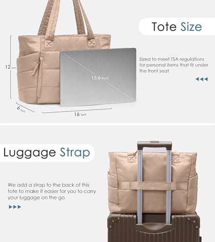Tote Bag for Women with Zipper, Quilted Puffer Tote Bag with Compartments, Lightweight Puffy Work Bags for Women Travel - color: Light Khaki