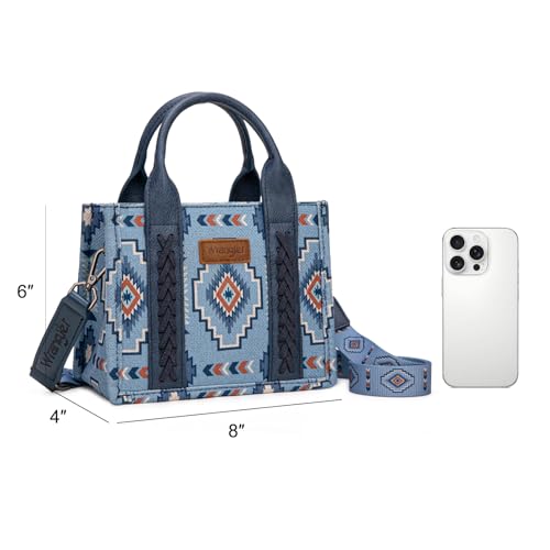 Wrangler Mini Aztec Tote Bag for Women Boho Small Top Handle Purse with Adjustable Strap - color: Boho Blue Jeans