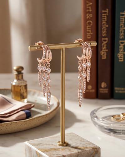 MUMREUES Gold Earrings for Women Trendy 14K Gold Plated Dangle Earrings Small Hoop Huggie Drop Stud Earrings Cubic Zirconia Simple Minimalist Dainty Chain Tassel Hypoallergenic Earrings - color: Tassel & Rose Gold