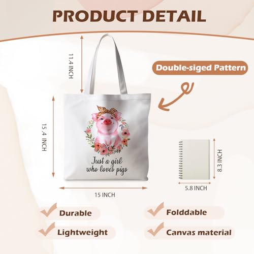 Preppy Animal Tote Bag, Pet Canvas Tote Bag, Reusable Grocery Shopping Shoulder Bags - color: Pig