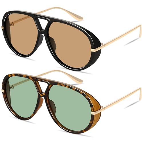 GRFISIA Retro Oversized Aviator Sunglasses for Women Men Metal 70s Aviators 2026 Fashion Shades for Beach Vacation UV400 - color: (2pcs) Black/Brown+tortoise/Green