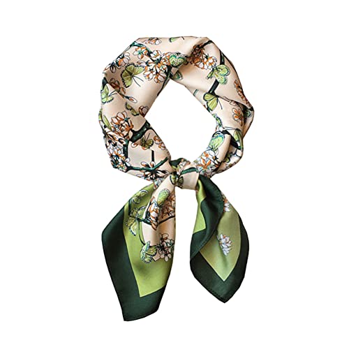 JERLA 100% Pure Mulberry Silk Square Scarf for Hair-27''x27'' Women Men Natural Silk Neckerchief Headscarf - color: Green Flower