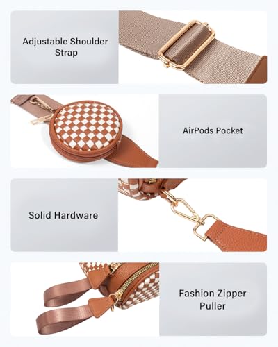 Valentoria Large Woven Leather Crossbody Bags for Women Checkered Bum Bag Sling Bag Purse Adjustable Strap Detachable Wallet | Woven - color: Brown&white Checkered