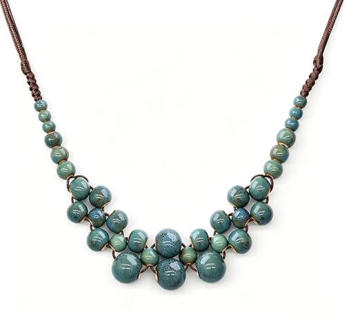 Boho Statement Chunky Necklaces for Women- Handmade Colorful Ceramic Fall Beaded Hippie Jewelry, Adjustable Long Bohemian Necklaces for Casual Wear - color: Blue