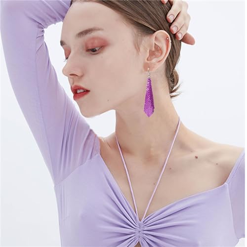 coadipress Metal Mesh Grid Sequins Tassel Long Drop Dangle Earrings for Women Trendy Lightweight Charms Disco Vintage Colorful Long Hook Earrings Bridal Wedding Jewelry - color: Purple