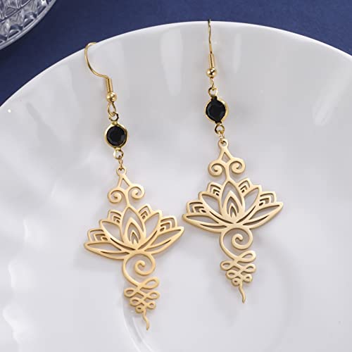 TEAMER Stainless Steel Lotus Flower Dangle Earrings Bohemian Drop Earring Unique Geometric Jewelry for Women - color: Lotus 4-Gold