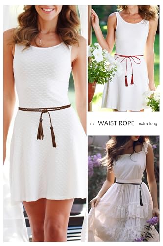 TeeYee Waist Belt Woven Knitted Rope/Chain PU leather 3 Pieces Tassel Rope Skinny Belt - color: 005blackredcoffee
