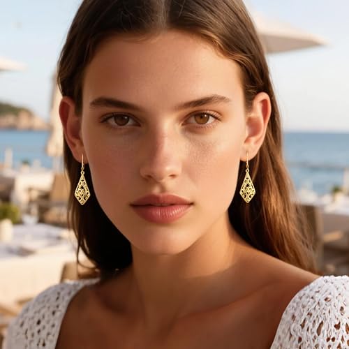 Dangle Earrings for Women, 14K Gold Plated Filigree Dangling Leverback Earrings, Silver Geometric Hypoallergenic Lightweight Dangly Drop Earings for Women Trendy Jewelry Gifts - color: A-14K Gold