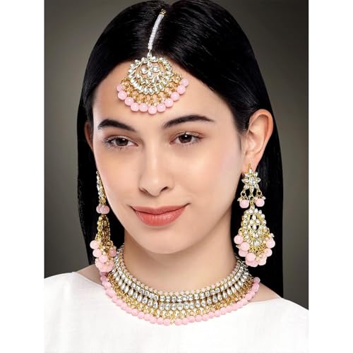 Aheli Faux Kundan Beaded Necklace Earrings Maang Tikka Indian Bollywood Ethnic Jewelry Set Gift for Women - color: Pink 2