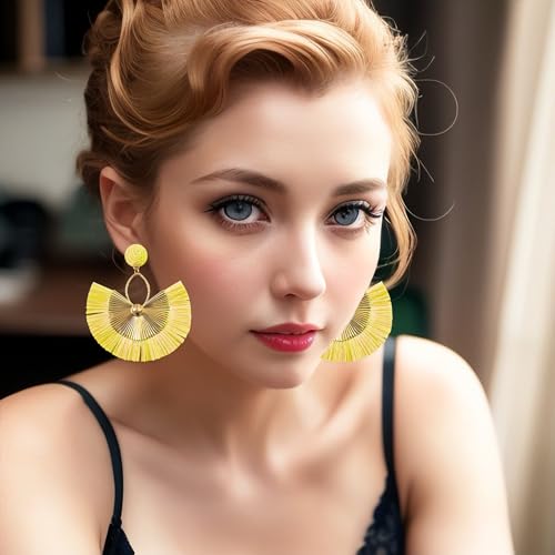Anmpab Straw Fan Bohemian Tassel Earrings for Women Trendy Colorful Fringe Summer Beach Statement Earrings - color: Yellow