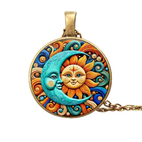 1pc Stunning Round Pendant Necklace - Unique Sun & Moon Pattern, Oil Painting Style Glass Mosaic, Alloy Construction, Trendy Sweater Chain, Fashionable Gift for Women - Christmas or Birthday Gift - color: Orange Sun/Blue Moon (Bronze)