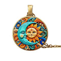 1pc Stunning Round Pendant Necklace - Unique Sun & Moon Pattern, Oil Painting Style Glass Mosaic, Alloy Construction, Trendy Sweater Chain, Fashionable Gift for Women - Christmas or Birthday Gift - color: Orange Sun/Blue Moon (Bronze)
