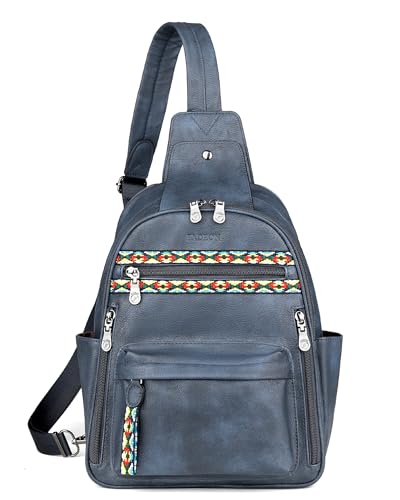 FADEON Large Sling Bag for Women, Leather Crossbody Purse Designer Anti Theft Sling Backpack, RFID Fanny Packs for Travel - color: Dark Blue Retro Style