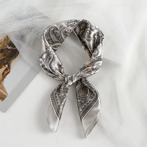 QBSM Womens 23.6 inch Satin Silk Feeling Formal Square Neck Scarf Head Hair Wraps Kerchief - color: Cashew Flowers-creamy-white