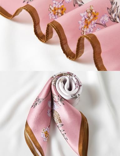 100% Mulberry Silk Neck Scarf 21''x21'' Small Square Hair Scarf for Women Men Lightweight Bandana Envelope Package - color: Shell Flower- Pink