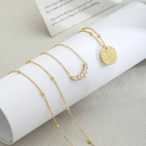 Layered Gold Necklace for Women Trendy 14K Gold Plated Heart CZ Pendant Layered Gold Necklaces Set Coin Choker Necklaces Simple Circle Cubic Zirconia Pearl Necklace Stack Herringbone Paperclip Chain Jewelry Set - style: 3PCS-Zircon round pendant-GD