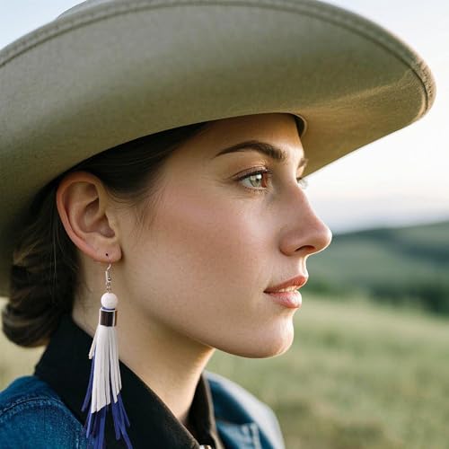 Coiris Boho Leather Layered Tassel Earrings for Women Lightweight Leather Fringe Dangle Earrings Handmade Bohemian Summer Beach Western Drop Earrings for Women - color: WhiteBlue