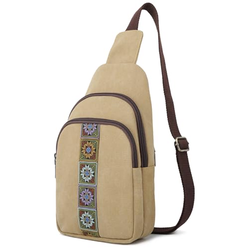 SILKAREA Canvas Sling Bag for Wome Crossbody Purse Small Sling Backpack Purse Travel Hiking Chest Bag Daypack - color: Brown