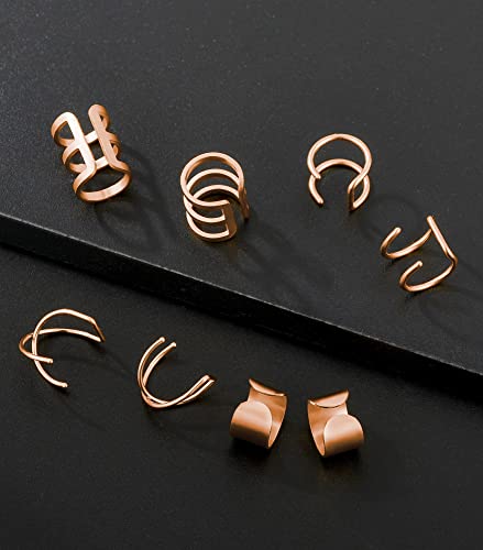 Tornito 4-10 Pairs Stainless Steel Ear Cuff Helix Cartilage Clip On Wrap Earrings Fake Nose Ring Non-Piercing Adjustable - color: A5: 4 Pairs, Rose Gold Tone
