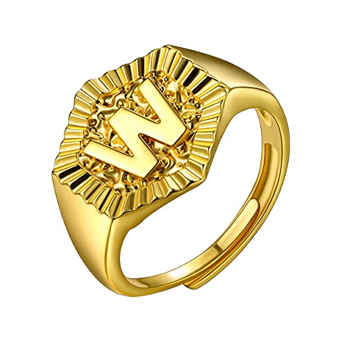 U7 Initial Ring Wedding Band for Men Women 18K Gold Plated Statement Hexagon A-Z Letter Jewelry Personalized Stackable Signet Rings - color: W