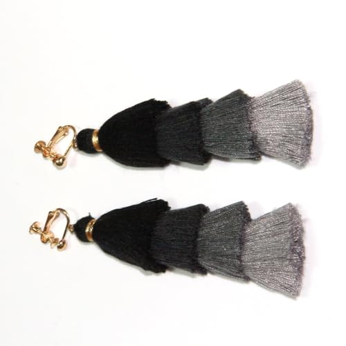 Clip on Earrings, Lightweight Colorful Layered Tassel Bohemian Statement Tiered Big Dangle Drop Earrings for Women, Non Pierced, Boho Jewelry - color: Black