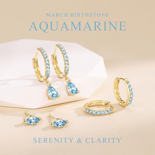14K Gold Plated Small Huggie Hoop Earrings Set for Women, Hypoallergenic Dainty Sterling Silver Dangle Studs for Cartilage Helix, Lightweight Trendy Cute Stack Birthstone Jewelry Gift - color: 03_Aquamarine_Mar_Gold