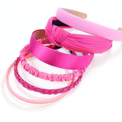 VELSCRUN Headbands for Women 7 Pcs Different Hot Pink Knotted Solid Pearl Head Bands Non Slip Hair Band for Womens Gilrs Thin Thick Short Hair Fashion Accessories - color: Hot Pink
