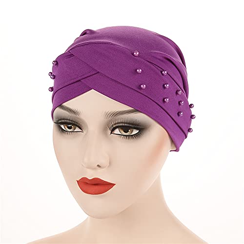Women Beaded Silky Beanie, Pre-Tied Turban Head Wrap Cap for Chemo Chemical Cancer Hair Loss Cover Hat - color: Purple