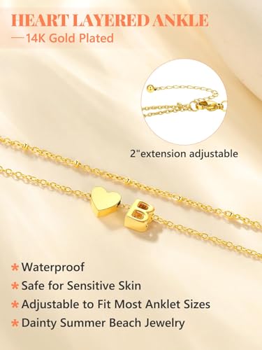 Silvora Ankle Bracelets for Women Waterproof 14K Gold/Silver/Black Initial Anklet for Women Dainty Layered Heart Ankle Bracelets Stainless Steel Adjustable Foot Chain Anklet Summer Beach Jewelry - color: Gold-14K Gold Plated, size: 23.W