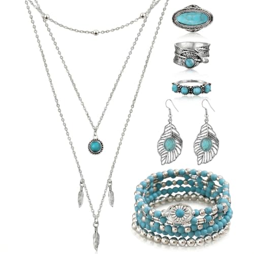 Ecally Bohemian Western Jewelry Turquoise Set Women Country Pendant Long Choker Layered Bracelets Earrings Ring for Women - color: Turquoise, style: Modish