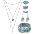 Ecally Bohemian Western Jewelry Turquoise Set Women Country Pendant Long Choker Layered Bracelets Earrings Ring for Women - color: Turquoise, style: Modish