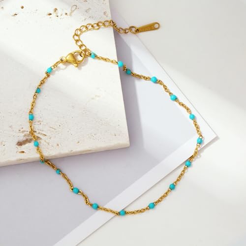Dainty Ankle Bracelets for Women 18K Gold Plated Satellite Beaded Herringbone Lip Chain Anklets Simple Minimalist Summer Beach Foot Jewelry Christmas Gifts - color: Green Beads-Gold
