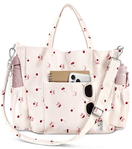Miss Adola Crossbody Corduroy Tote Bag for Women, Large Tote Bag with Multi-Pockets and Zipper for Travel Work - color: Cherry-bow